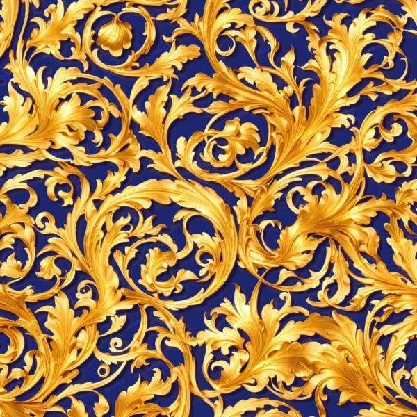 Gold Scrollwork 24 (Copy) features a gold baroque-style ornamental pattern with intricate swirling leaves and floral shapes on a deep blue background, creating a detailed, symmetrical, and luxurious appearance.