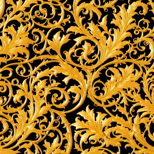 Gold Scrollwork 24 (Copy) features ornate gold baroque-style floral and leaf patterns with swirling details on a black background, creating a luxurious and decorative seamless design.