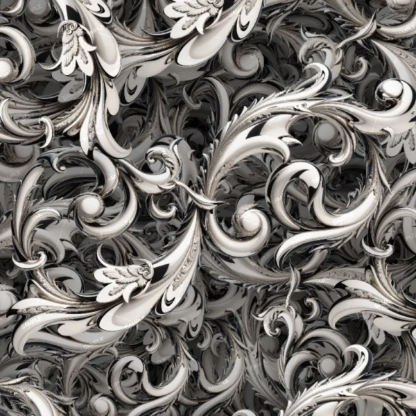 The image "Chrome Plated Chains 42 (Copy)" features a dense array of swirling, silver and white ornamental patterns resembling baroque acanthus leaves, with overlapping elements that enhance its three-dimensional effect.