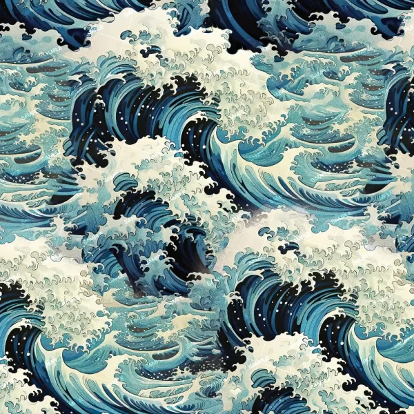 A seamless pattern of stylized ocean waves in blue and white, with curling crests and foam, inspired by traditional Japanese art, featured on the Ouija Planchette 23 (Copy).
