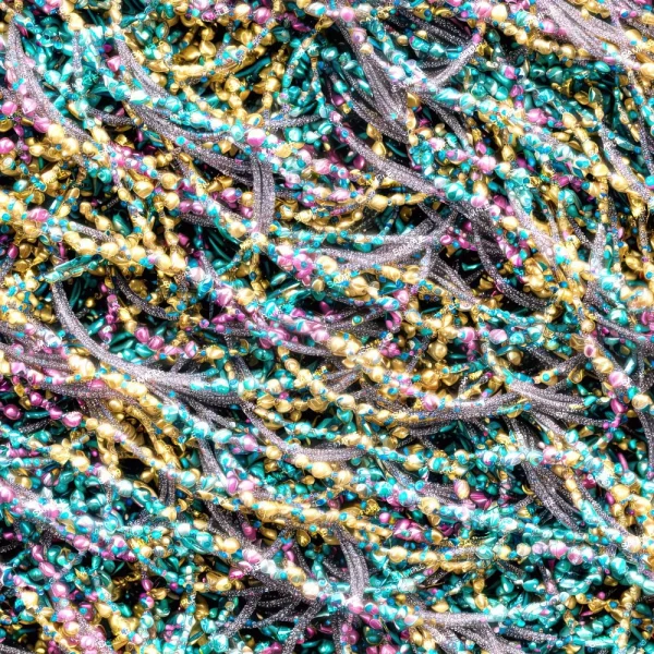 A close-up of Kangawa Wave 44 (Copy) shows colorful beads—mainly gold, teal, purple, and pink—tangled densely in a vibrant, textured pattern.