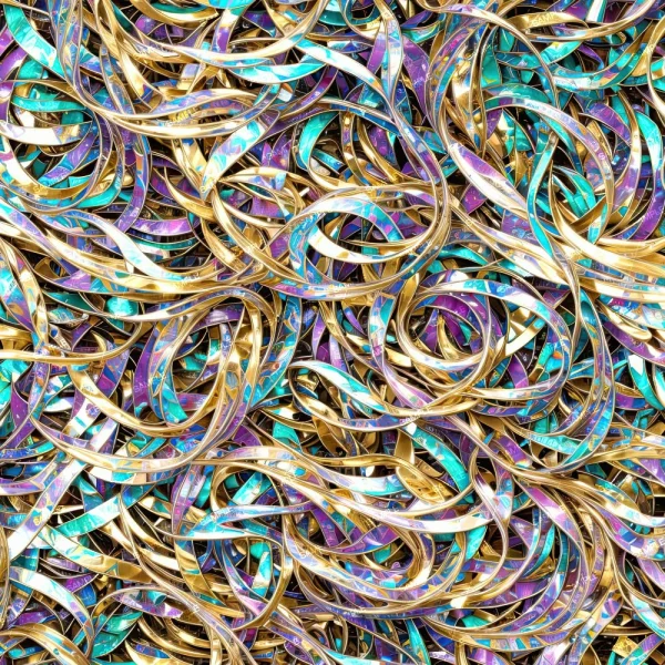 Kangawa Wave 44 (Copy) features a dense pile of intertwined, shiny metallic ribbons in gold, turquoise, purple, and white, forming a vibrant and reflective abstract pattern.