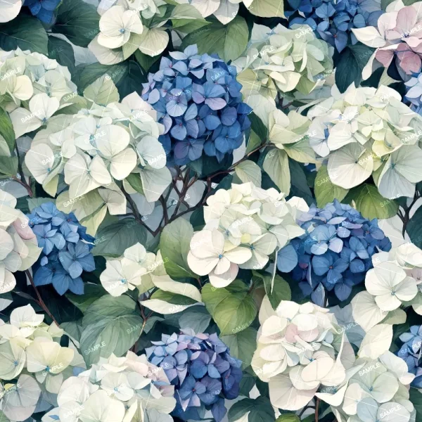 Roots 42 (Copy) features a realistic, detailed cluster of hydrangea flowers in blue, white, and pale pink, surrounded by lush green leaves.