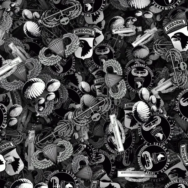 Army Men 44 (Copy) features a dense, overlapping pattern of military-themed insignias—parachutes, dog tags, eagle emblems, chains, and “Airborne” badges—in black, white, and gray tones.