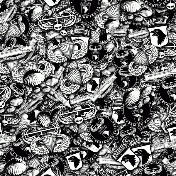 Airborne Paratroopers 23 (Copy) features a dense, detailed black and white pattern of overlapping military patches, including Airborne and Screaming Eagles insignias, parachutes, and eagles for a striking background.