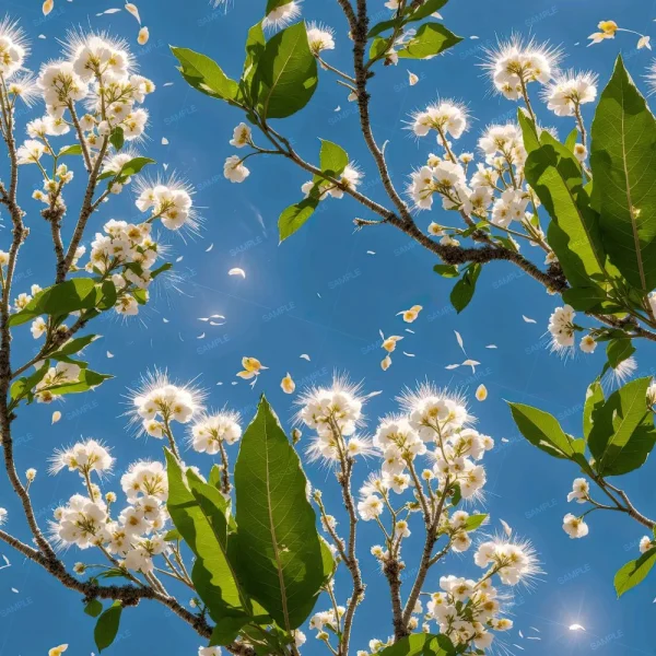 Cactus Flowers 44 (Copy) features clusters of white blossoms and green leaves set against a clear blue sky, with floating petals suggesting movement and sunlight illuminating the flower edges.