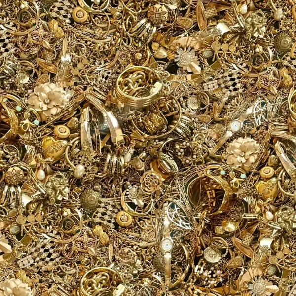 A dense pile of Gold Scrollwork 26 (Copy) jewelry—bracelets, rings, brooches, earrings, chains, and floral ornaments—overlaps in a shiny, intricate arrangement.
