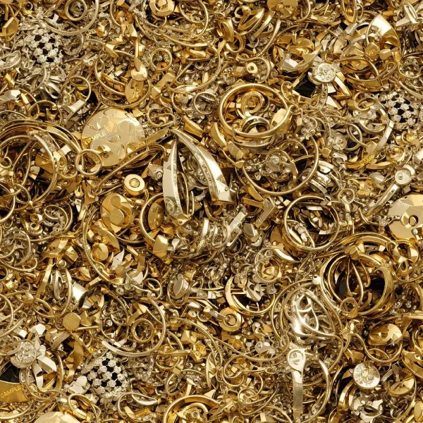 Gold Scrollwork 26 (Copy) features a densely packed, shiny assortment of gold watch parts—gears, springs, screws, and decorative pieces—arranged in an intricate display.
