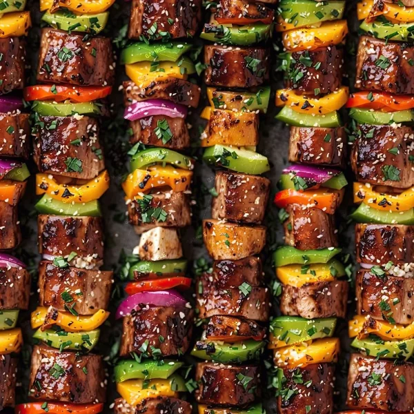 Rows of grilled kebabs with chunks of Soybeans 22 (Copy), yellow and green bell peppers, and red onions, garnished with chopped herbs and sesame seeds, arranged closely together.