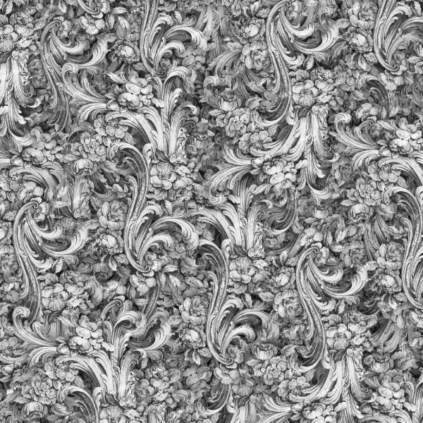 The Flowering Birch Tree (Copy) features a seamless, intricate black and white floral pattern with densely packed flowers and ornate baroque-style leaves.