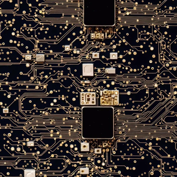 Close-up view of CIrcuit Board 48 (Copy), a black printed circuit board featuring gold pathways, electronic components, and connectors. The intricate design showcases the detailed structure of modern electronic circuits.