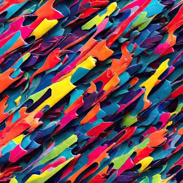 A close-up of Rainbow Grill (Copy) shows overlapping, jagged layers in vivid red, orange, blue, pink, yellow, and purple for a vibrant abstract pattern with textured, three-dimensional depth.