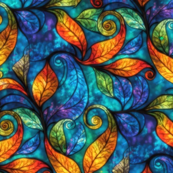 Shredded Neon (Copy) features a vibrant digital illustration of swirling orange, yellow, blue, and green leaves on turquoise, creating a stained-glass effect with detailed veins for a bold, colorful look.
