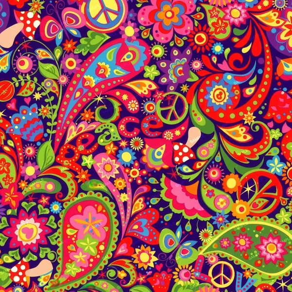 The Fugly Pink Paisley (Copy) design features a vibrant psychedelic pattern with paisley shapes, flowers, peace signs, hearts, and swirls in bold reds, greens, yellows, pinks, and blues set against a dark background.