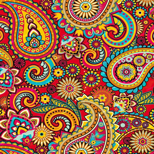 Peacenik Paisley (Copy) features a vibrant, densely packed paisley pattern with intricate floral and teardrop designs in yellow, red, turquoise, orange, and black on a red background.