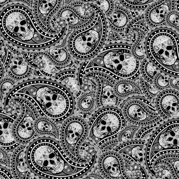 Peacenik Paisley (Copy) showcases a seamless black-and-white pattern of decorated skulls woven with paisley shapes and intricate florals, forming an ornamental and detailed repeating motif.