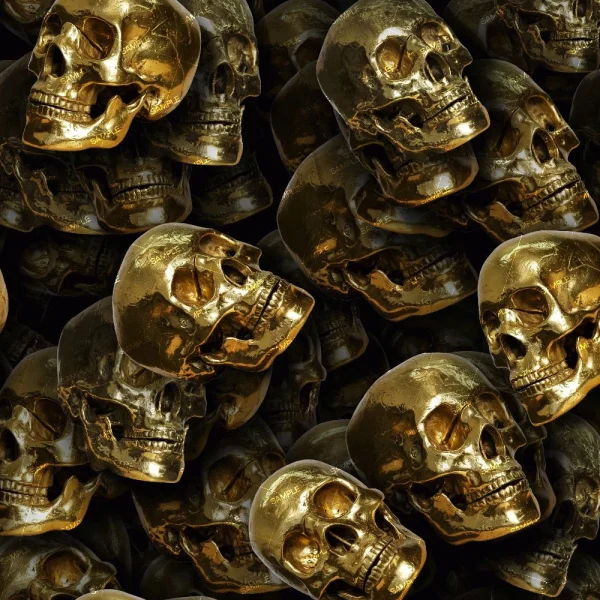 A dense arrangement of shiny gold-colored human skulls, some overlapping, forms a textured metallic pattern with deep shadows and highlights on "The Devil Made Me (Copy)".