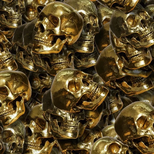 A dense pile of Gold Plated Skulls 22 (Copy)—metallic gold human skulls—overlap and stack closely together, filling the entire image frame.