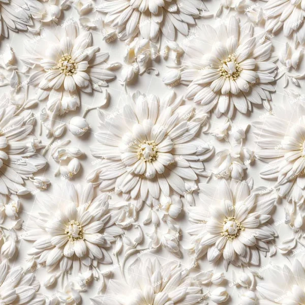 Hanging Ivy (Copy) features large, detailed white flowers with layered petals and small buds scattered evenly across a light background, covering the entire surface.