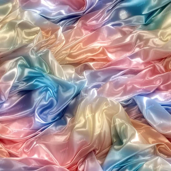 Perpetual Paisley 22 (Copy) features shiny, crumpled satin fabric in pastel pink, blue, and lavender. Random folds and waves create a soft, iridescent look across the image.