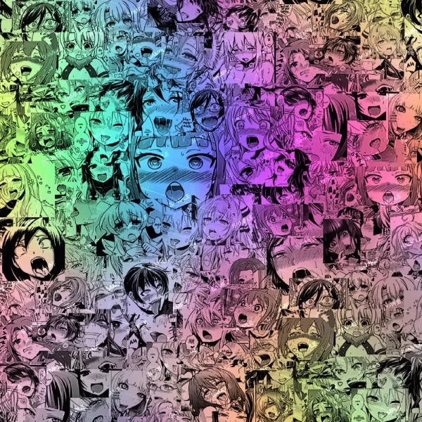 Chicano Dreams (Copy) features a collage of black and white anime-style faces with excited and surprised expressions, set against a vibrant rainbow gradient background.