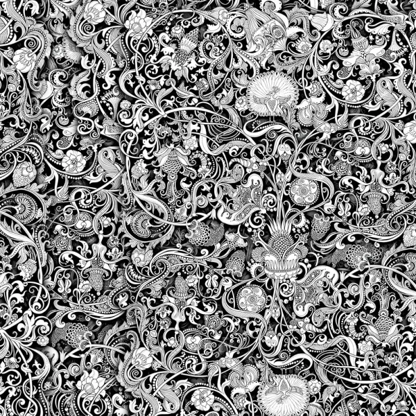 The Ahegao O Face Anime 24 (Copy) features an intricate black and white floral pattern with swirling vines, leaves, and densely packed stylized flowers for a detailed, ornate look.