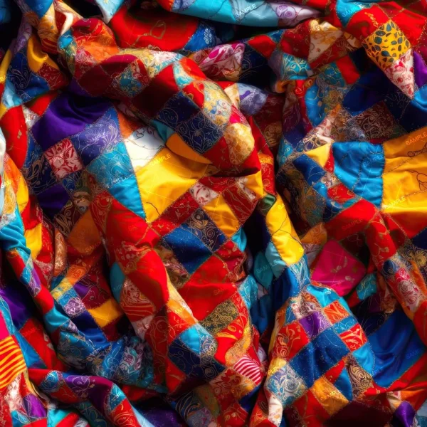 Satin Sheets 41 (Copy) features a vibrant patchwork design with small patterned fabric squares in red, blue, yellow, orange, and purple, spread out with visible folds and creases across the surface.