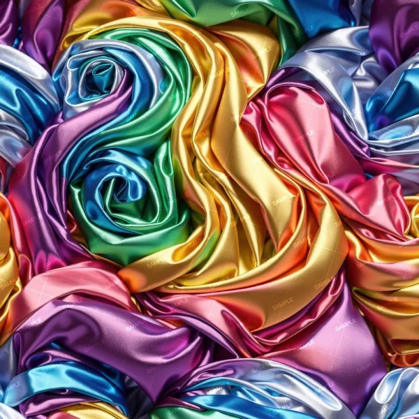 Close-up of Satin Sheets 41 (Copy) fabric, arranged in swirling, rose-like patterns with a shiny texture and vibrant green, yellow, pink, purple, blue, and orange shades.