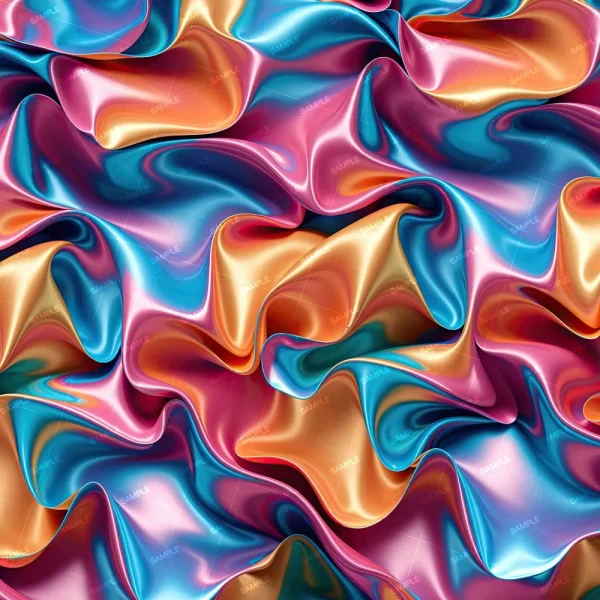 A close-up of Knotted Satin Sheets (Copy) shows crumpled, shiny, iridescent fabric with swirls of blue, pink, purple, and gold. The smooth, reflective material creates a wavy, abstract pattern.