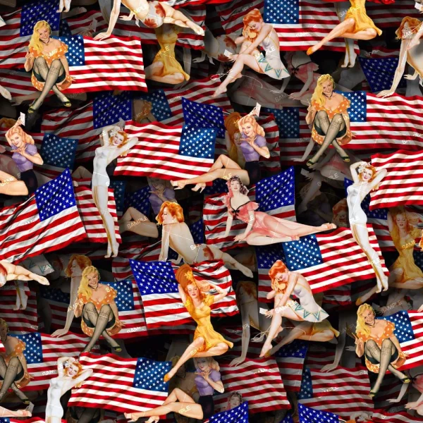 A densely packed collage of vintage-style pin-up women holding or leaning on American and Puerto Rico flags, forming a repeating patriotic pattern. Product: US and Puerto Rico Flags 23 (Copy).