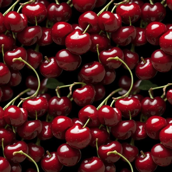 A close-up of Hot Cherries Bright Lights, featuring multiple fresh, ripe cherries with stems packed together against a black background.