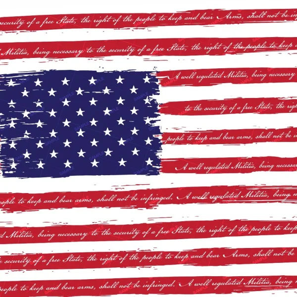 Worth Fighting For (Copy): An artistic U.S. flag with brushstroke-style red stripes featuring repeated Second Amendment cursive text and a blue field with white stars.