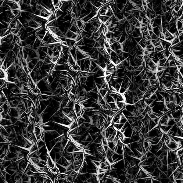 Thorns 42 (Copy) features a dense, abstract pattern of sharp, twisting black and white thorn-like shapes, intricately interwoven on a dark background to create a chaotic, tangled texture.