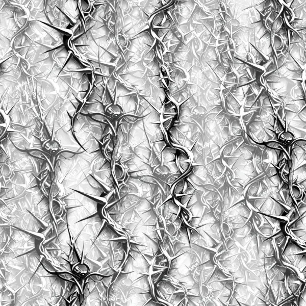 Thorns 43 (Copy) features a dense, monochrome pattern of sharp, intertwined thorns and twisted branches, with some thorn clusters forming abstract, spiky shapes on a light background.