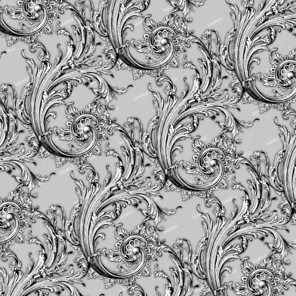 Swirled Paint 49 (Copy) features an ornate seamless pattern of swirling black and white baroque-style floral elements on a light gray background, creating an intricate, decorative repeating design.