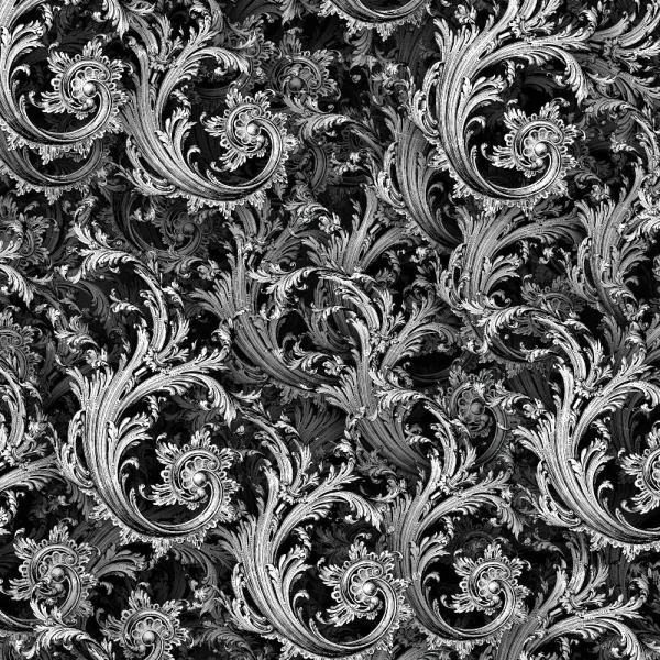 Swirled Paint 49 (Copy) showcases a black and white baroque pattern with swirling, leafy floral designs that densely cover the surface, creating a detailed, ornate, and symmetrical decorative background.