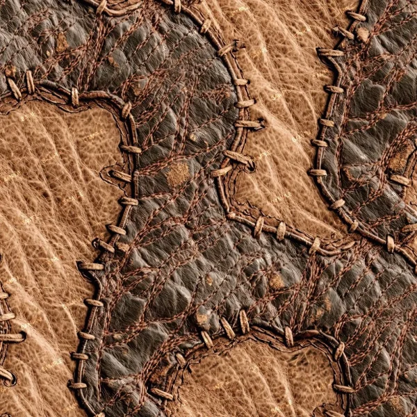 Close-up of Unicorn Portrait 42 (Copy) shows textured brown and tan leather pieces stitched together with thick, dark thread. The wrinkled leather and irregular stitching create unique, curving shapes across the surface.