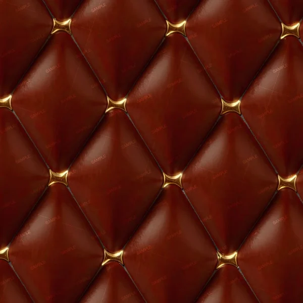 Close-up of Distressed Diamond Stitched Leather 43, featuring soft, slightly reflective brown leather panels in a diamond quilted pattern with gold studs at each corner for a stylish padded surface.