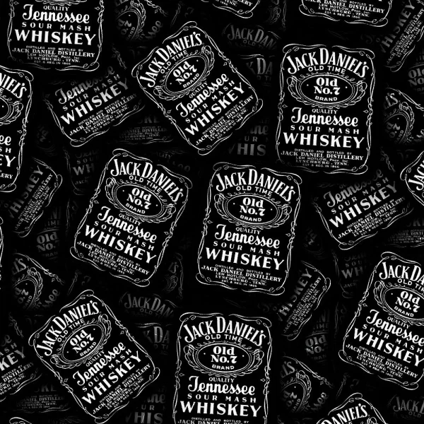 A pattern of multiple Jack Daniels 22 (Copy) labels in white on a black background, overlapping at various angles. Each label displays brand and whiskey details in stylized text.
