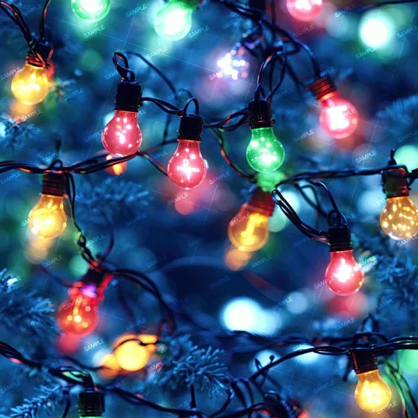 A close-up of Christmas Bows 32 (Copy) featuring colorful string lights—red, green, yellow, and orange bulbs—hanging on blue-tinted tree branches and creating a festive atmosphere.