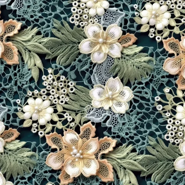 Floral Lace 42 (Copy) features dense, detailed embroidery of cream, white, and beige flowers with green leaves and small clusters on intricate lace set against a dark background.