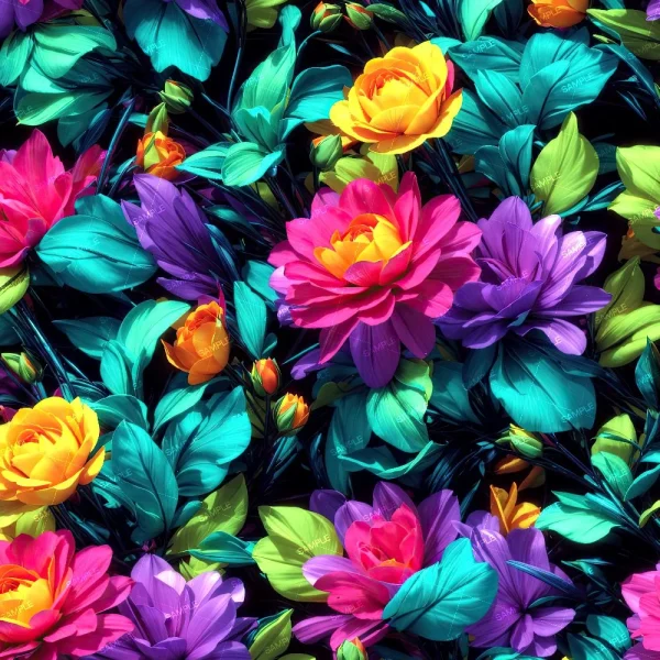 Neon Planets (Copy) showcases a vivid, highly saturated display of colorful flowers with bright yellow, pink, and purple petals set against lush teal and green leaves.