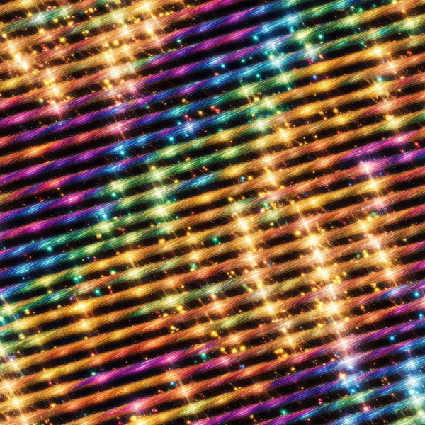 Diagonal rows of bright, multi-colored lights and sparkles intersect on a dark background, forming a glowing, festive grid pattern inspired by Neon Planets (Copy).