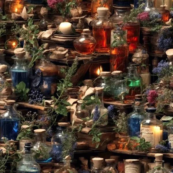 Floral Lace 43 (Copy) glass bottles filled with colored liquids are displayed on shelves among candles, dried herbs, flowers, old books, and cork stoppers for a rustic apothecary vibe.
