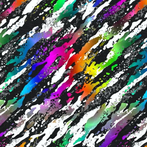 Rip Tear Splash Rainbow features diagonal streaks of vivid rainbow colors blended with black and white textured splotches, forming a bold, abstract pattern on the surface.