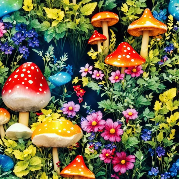 Herbal Medicine (Copy) features a group of colorful, spotted mushrooms surrounded by lush green leaves and vibrant pink, yellow, blue, and purple flowers nestled in dense foliage.