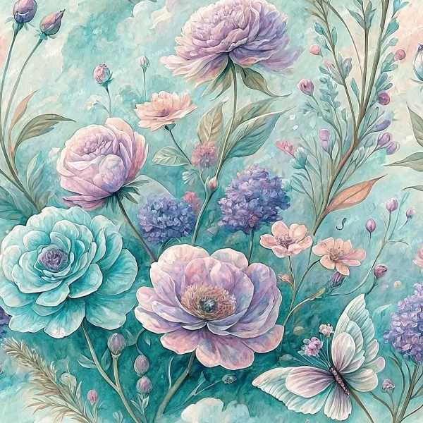 Pastel Flower Painting 44 (Copy) features a soft illustration of blooming blue, purple, and pink flowers with green leaves. A white butterfly with purple accents rests nearby, creating a gentle, airy atmosphere.