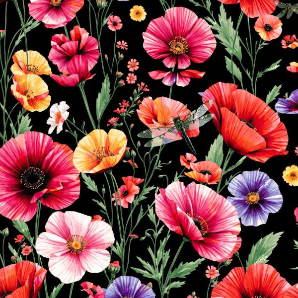 The "Pastel Flower Painting 44 (Copy)" features a seamless pattern of colorful poppies and flowers with green stems, leaves, and a dragonfly on a solid black background.
