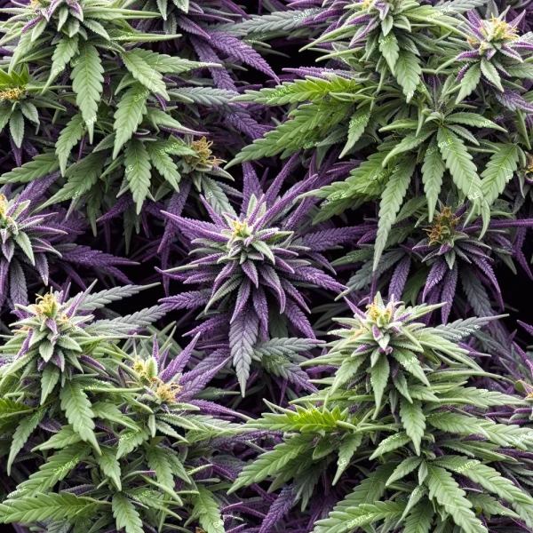 Close-up of Poppies and Dragonflies (Copy) featuring lush green leaves and vibrant purple buds densely clustered, highlighting detailed trichomes and leaf structures.