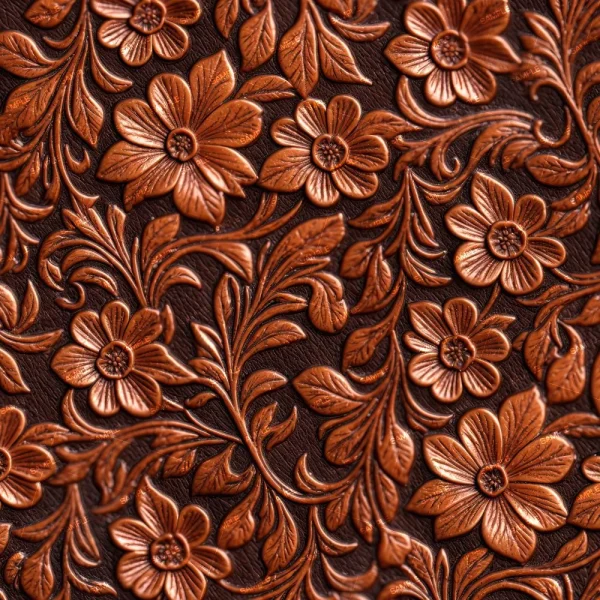 A close-up of Grayscale Embossed Leather (Copy) shows a detailed, repeating floral and leaf pattern with embossed flowers and swirling foliage on a gray-toned leather surface.